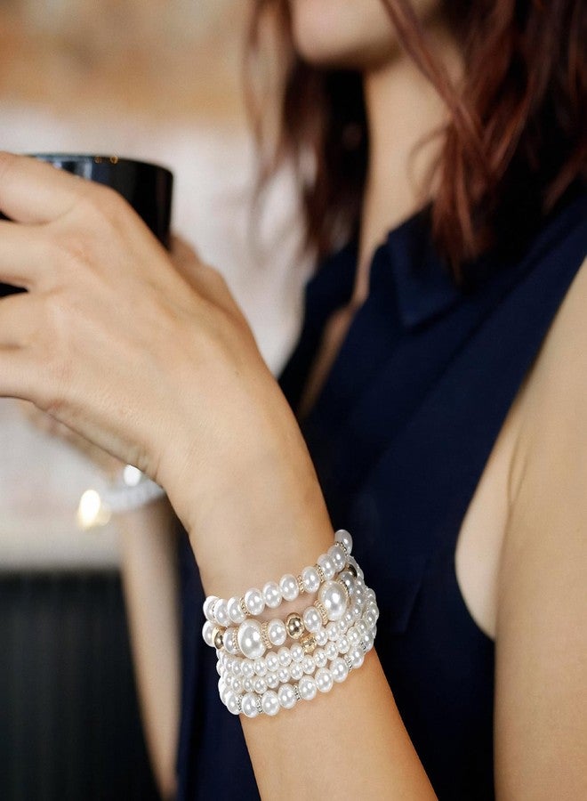 KFHENSOMR 8 Pack Pearl Bracelets for Women Simulated Pearl Beaded Stackable Bracelet Set White Pearls Stretch Bracelet Set Multilayered Elastic Pearls Bracelets Bangles for Women Bridal Boho Jewelry - Image 5